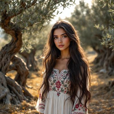 The primary subject of the image is a woman with long, flowing hair, standing in a field surrounded by trees. She is wearing a white dress with a floral pattern, and her hair is styled in a ponytail. The setting is a natural environment with trees and a field, creating a serene and peaceful atmosphere. The visual style of the image is a combination of photo and digital art, giving it a unique and artistic appearance. The colors in the image are predominantly shades of white, brown,